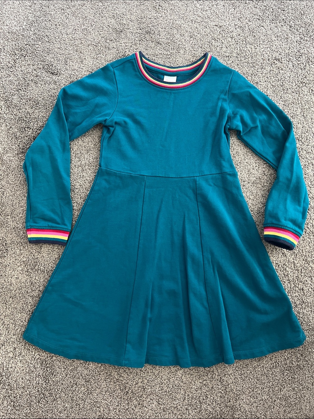 Hanna Andersson Teal Long-Sleeve Dress with Rainbow Trim